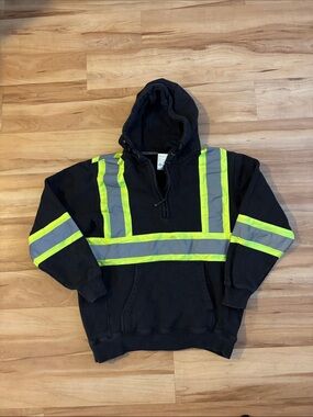 Black High-Visibility Hooded Safety Sweatshirt with Neon Yellow Striping